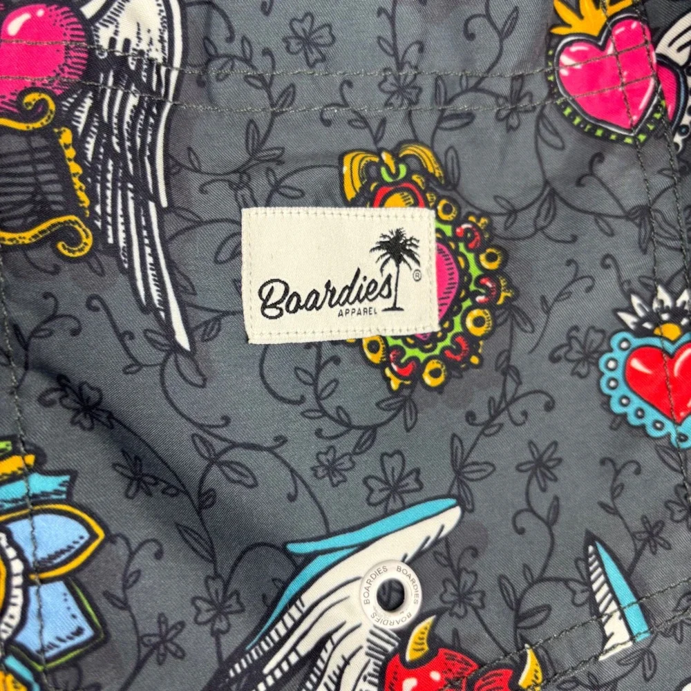 Boardies Mens Goth Tattoo Heart Print Swim Trunks Grey Pink Blue Small